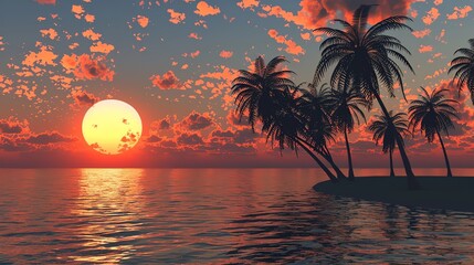 Wall Mural - Amazing sunset over calm sea. Sun is setting down behind the palm trees. Sky is orange and clouds are pink. Water is reflecting the colors of the sky.