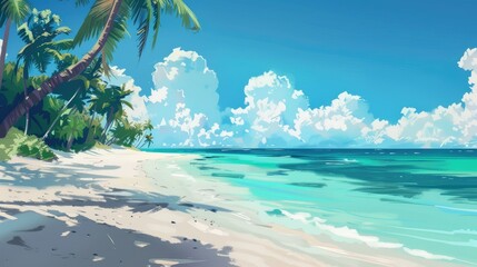 Wall Mural - Idyllic tropical beach with calm turquoise waters, white sand, and palm trees swaying in the breeze.