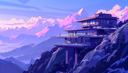 Wall Mural - panorama building on mountains, cartoon anime style