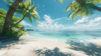 Wall Mural - Tranquil beach scene with clear blue sea and green palms under a bright, sunny sky.