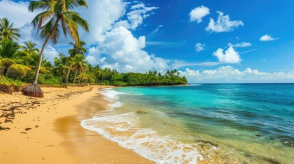 Wall Mural - Tropical beach with golden sand, clear turquoise water, and palm trees on a sunny day.