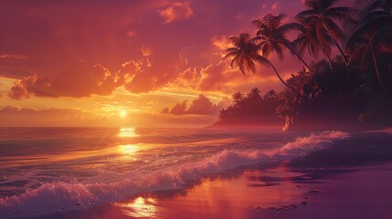 Wall Mural - The setting sun casts a warm glow over the beach. The waves gently lap against the shore. The palm trees sway in the breeze.