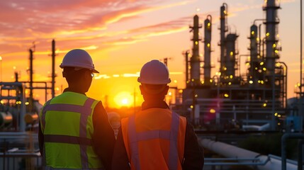 Two engineers in hard hats and safety vests are looking at an oil refinery at sunset.