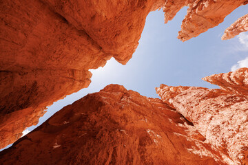 Utah hoodoos straight up wide angle photo, red rocks, clear sky, summer morning, canyon