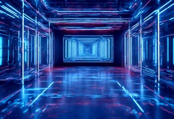 Wall Mural - lights neon architecture background fi blue room rendering laser lines futuristic reflections rays sci abstract 3d stripes chaotic bright business club construction corridor dark