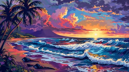 Wall Mural - Vibrant colors of a beach sunset. The warm hues of the sky and the cool blues of the water create a stunning contrast.