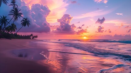 Wall Mural - Amazing vivid sunset over the ocean. Pink clouds and blue water.