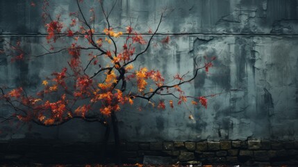 Wall Mural - an old tree with red leaves against a concrete wall