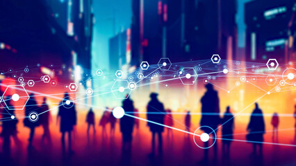 Poster - Group of people in futuristic city and communication network concept.