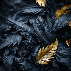 Wall Mural - black and gold feathers on a dark background