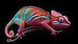 © suniana - A vibrant, colorful chamele. It's in motion, walking up a tree branch.