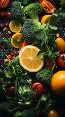 fresh vegetables and fruits on a black background