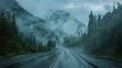 © ISK PRODUCTION - Desolate mountain road skirting a dense forest under a cloudy dusk