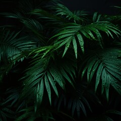 Wall Mural - palm leaves on a dark background with water droplets