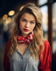 Poster - portrait of a beautiful young woman with red lips and a red scarf