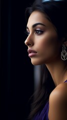 Poster - portrait of beautiful woman in purple dress looking out of window