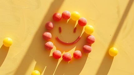 Wall Mural - 3D rendering of a cute and happy yellow smiley face made of red and yellow gumballs on a yellow background.