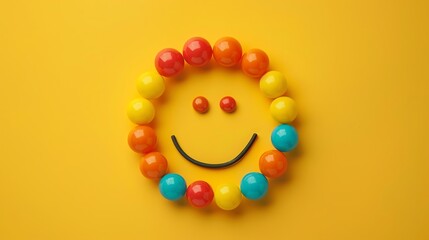 Wall Mural - 3D rendering of a colorful smiley face made of glossy balls on a yellow background. The smiley face has red eyes and a black mouth.