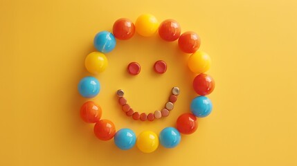 Wall Mural - 3D rendering of a happy face made of colorful balls on a yellow background. The balls are arranged in a circle with the smiley face in the center.