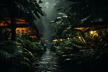 Wall Mural - rainy night in the jungle with umbrellas and plants