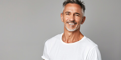 Sticker - portrait of handsome middle aged man in white t-shirt smiling, generative AI