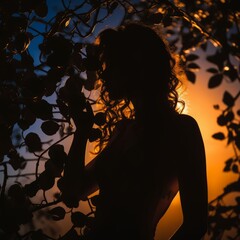 Sticker - silhouette of a woman standing in front of a tree at sunset