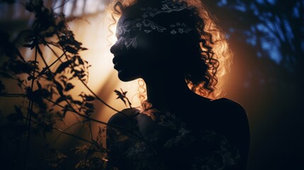 Canvas Print - silhouette of a woman with curly hair in the dark