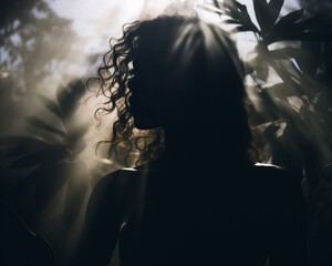 Wall Mural - silhouette of a woman with curly hair in the sun