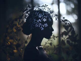 Poster - silhouette of a woman with leaves in her hair