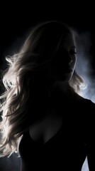 Poster - silhouette of a woman with long hair in the dark