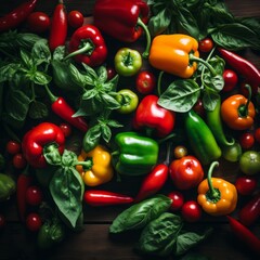 Canvas Print - various peppers and tomatoes on a wooden table