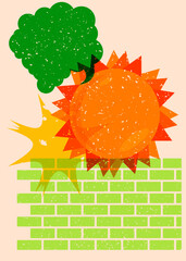 Wall Mural - Risograph Summer Sun with speech bubble with geometric shapes. Objects in trendy riso graph print texture style design with geometry elements.