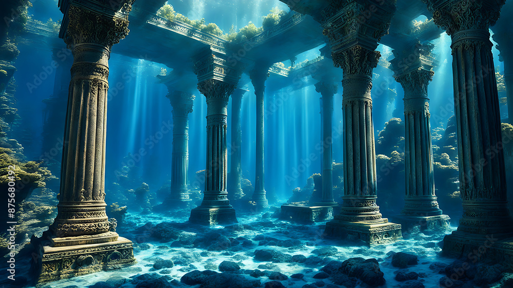 Mysterious underwater temple with stone pillars and beams, sunlight ...