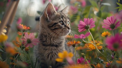 Poster - Curious Kitten in a Garden of Blooms