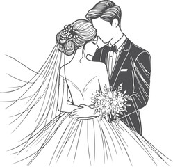 Wall Mural - Continuous one line drawing of a wedding couple Vector illustration.