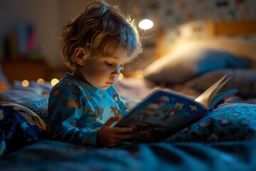 A Little Boy Reading in Bed