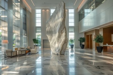 Canvas Print - Modern Lobby Interior with Stone Sculpture