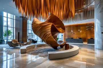 Sticker - Modern Hotel Lobby with Intricate Wooden Sculpture