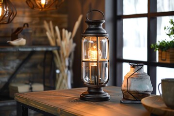 Sticker - Vintage Lantern Illuminates Rustic Tabletop