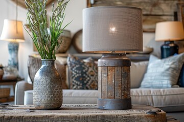 Sticker - Rustic Table Lamp with Wooden Base and Fabric Shade