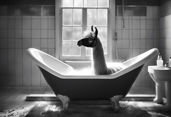 Wall Mural - mammal white generative llama tub ad bathtime safari adorable funny animal hairless illustration lam