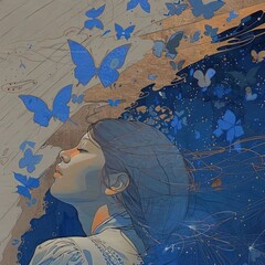 Poster - a painting of a woman with blue butterflies on her head