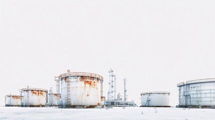 Ultra-high-definition image of a mineral oil storage tank farm, isolated on white, shot with Nikon D850 in 32k UHD, using focus stacking for maximum detail