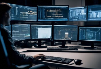 data center three displays software desktop doing blockchain hardware network programer show develop