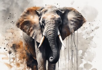 Wall Mural - watercolour ink art llustration painting elephant isolated with splashes