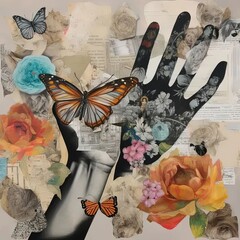 Sticker - a collage of flowers and a hand with a butterfly on it