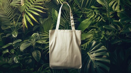 Eco-friendly lifestyle promotion with a mockup of a plain white fabric tote bag against a nature-themed background, ideal for sustainable fashion and environmental awareness campaigns.