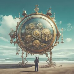 Poster - a man standing in front of a giant clock on a beach