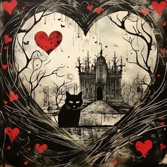 Poster - a painting of a black cat in a heart shaped frame