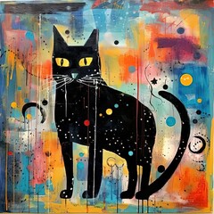 Sticker - a painting of a black cat with yellow eyes